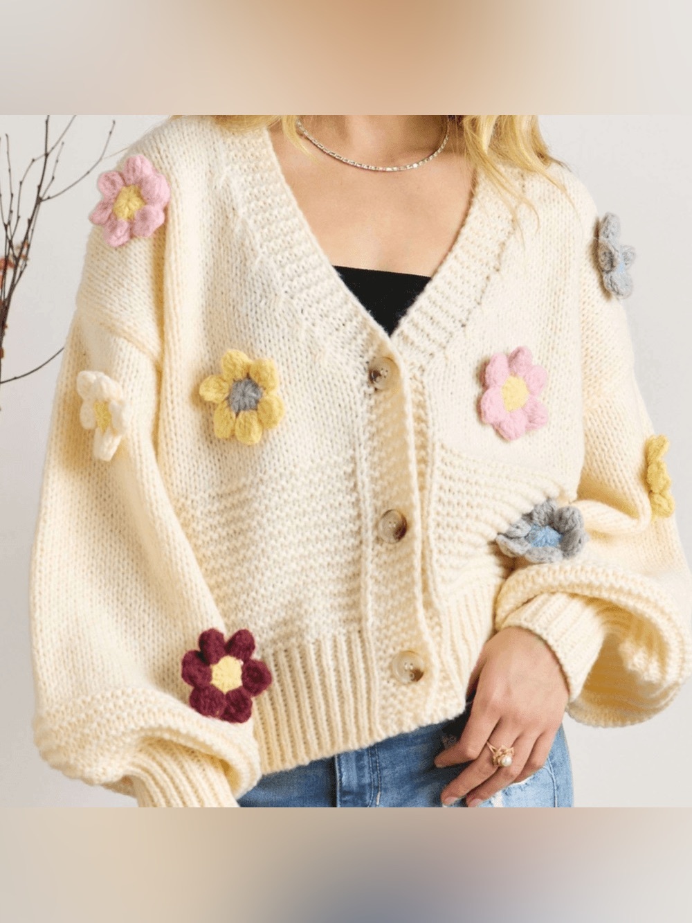 Original USA Cream Knit 3D Popcorn Flower Cardigan Sweater Size S/M boho cozy